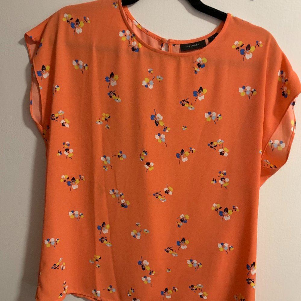 NWOT Halogen Cap Sleeve Blouse Orange Floral, Size Small